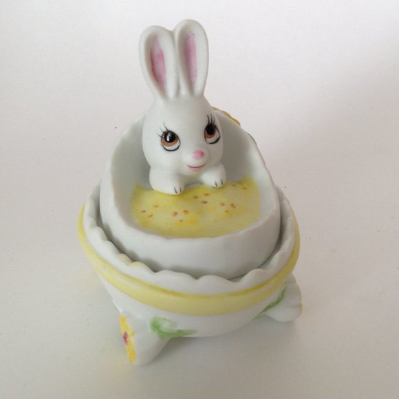 Vintage Lefton China Bunny Easter Egg Lidded Trinket Box Dish Hand Painted - Picture 1 of 8